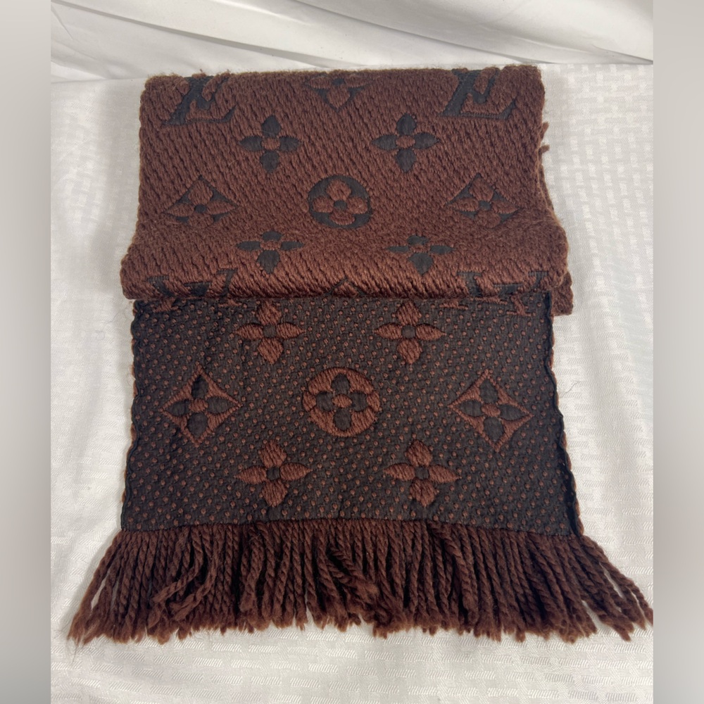 Louis Vuitton Monogram Wool Silk Fringe Scarf Shawl Brown Italy